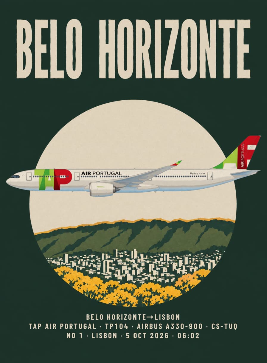 A Belo Horizonte flight poster on dark green: BELO HORIZONTE in tall ivory lettering above a round window where a TAP Air Portugal Airbus A330-900 crosses a pale sky over green mountains, white towers and yellow flowering trees. Flight TP104 to Lisbon, 5 October 2026.