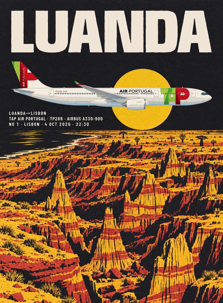 A Luanda flight poster on black: LUANDA in ivory lettering, a TAP Air Portugal Airbus A330-900 crossing a yellow sun, and eroded orange and red cliffs running down to the sea. Generated sample artwork.