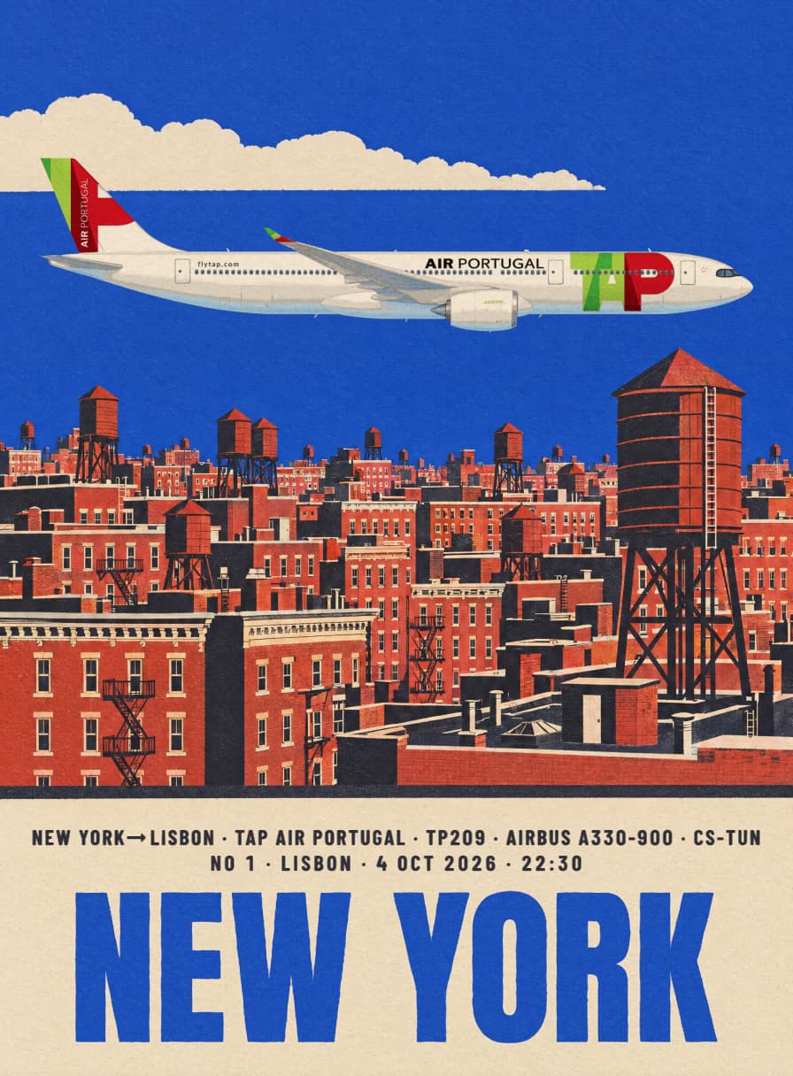 A New York flight poster: a TAP Air Portugal Airbus A330-900 in a cobalt sky above red-brick rooftops and wooden water towers, with NEW YORK in blue lettering. Generated sample artwork.