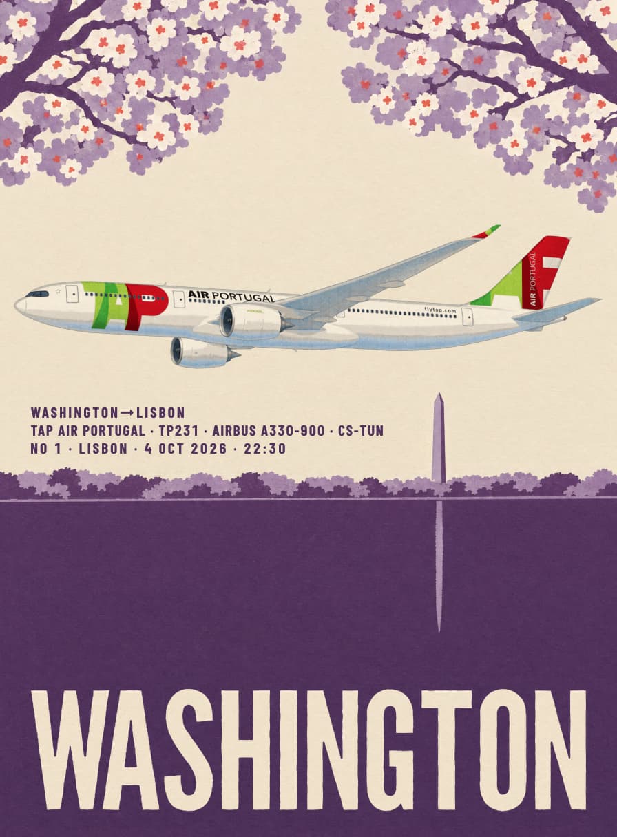 A Washington flight poster: a TAP Air Portugal Airbus A330-900 beneath lilac cherry blossom, the Washington Monument reflected in purple water and WASHINGTON in ivory lettering. Generated sample artwork.